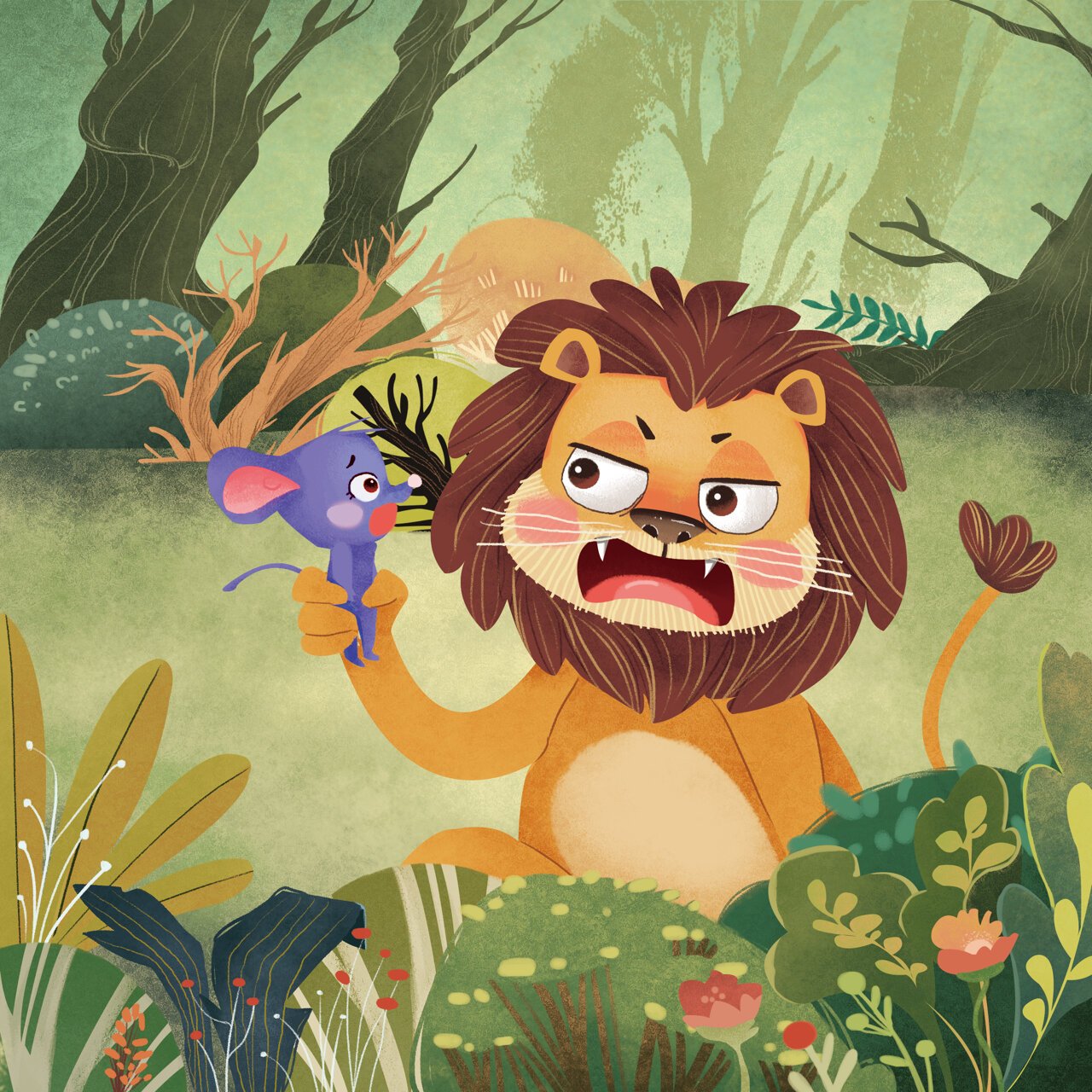 的狮子放过了吵醒自己午睡的老鼠,老鼠为了报恩,解救被猎人困住的狮子