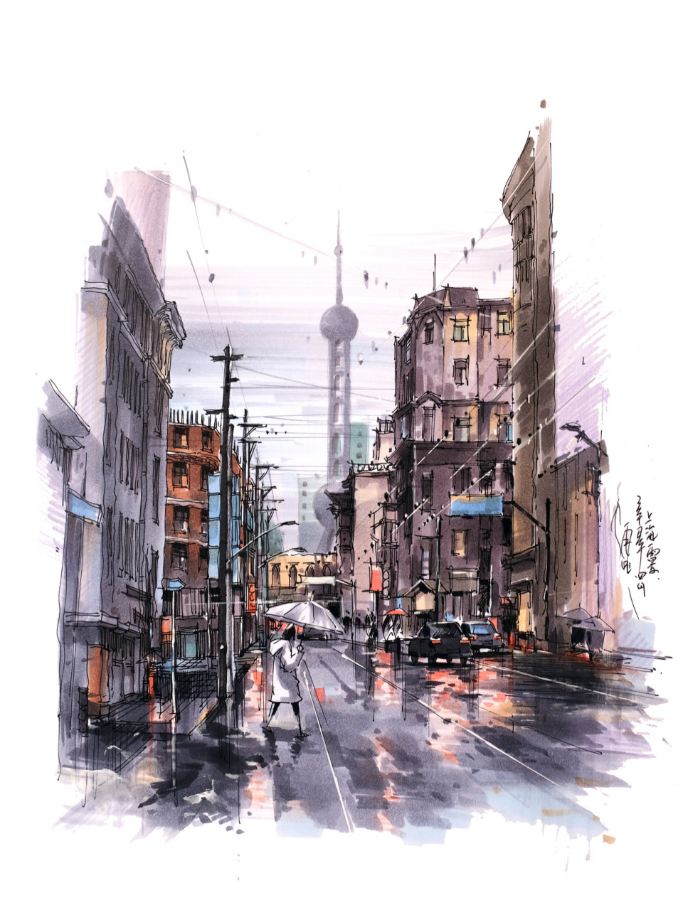 每天画点画,分享今天的手绘 马克笔手绘上海街景