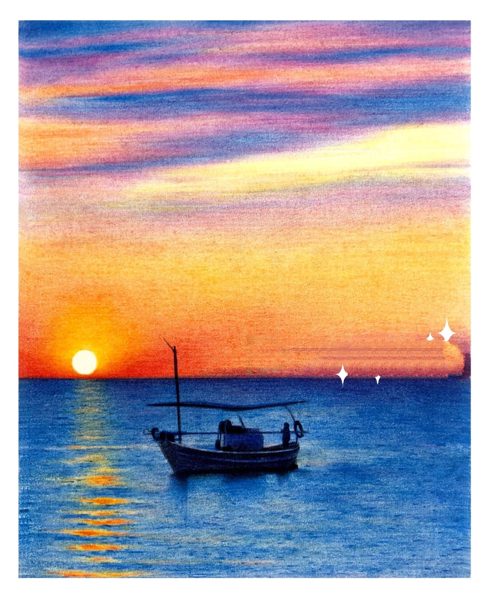 彩铅风景画|彩铅海景|爱在日落黄昏时