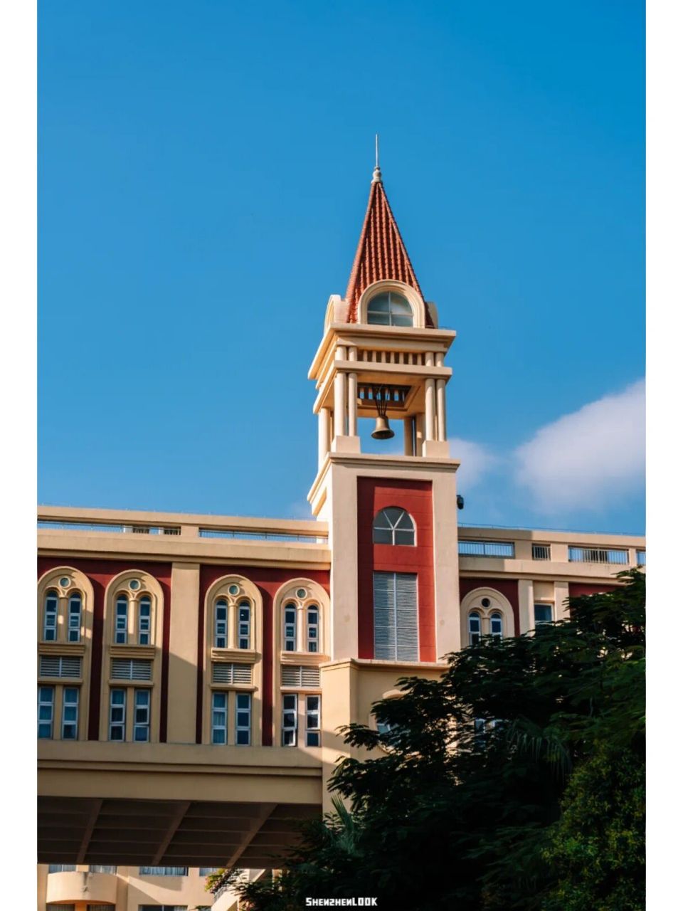 新「南头中学」,我来了93 是砖黄色古堡教学楼 是教室前的木棉花开