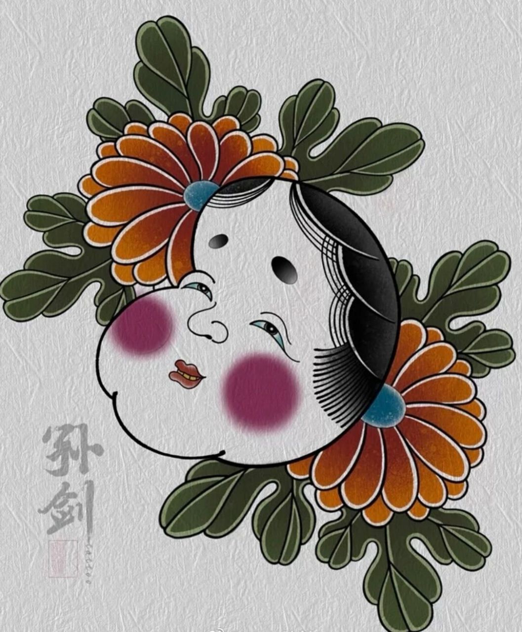 日式珠子纹身手稿图片