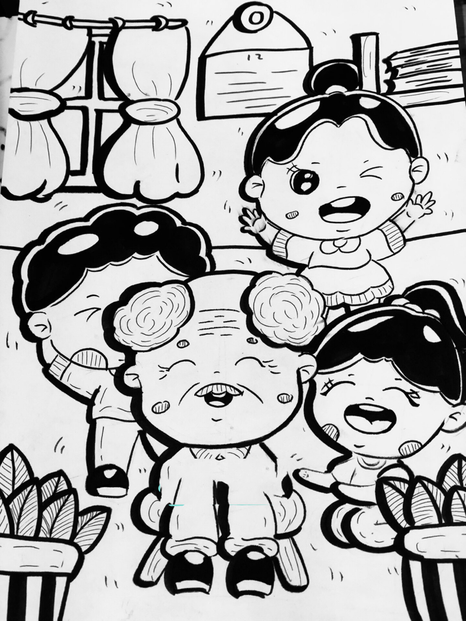 儿童主题画《给爷爷捶背》