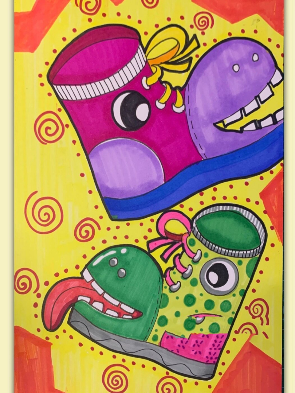 马克笔儿童画《不一样的鞋子》步骤