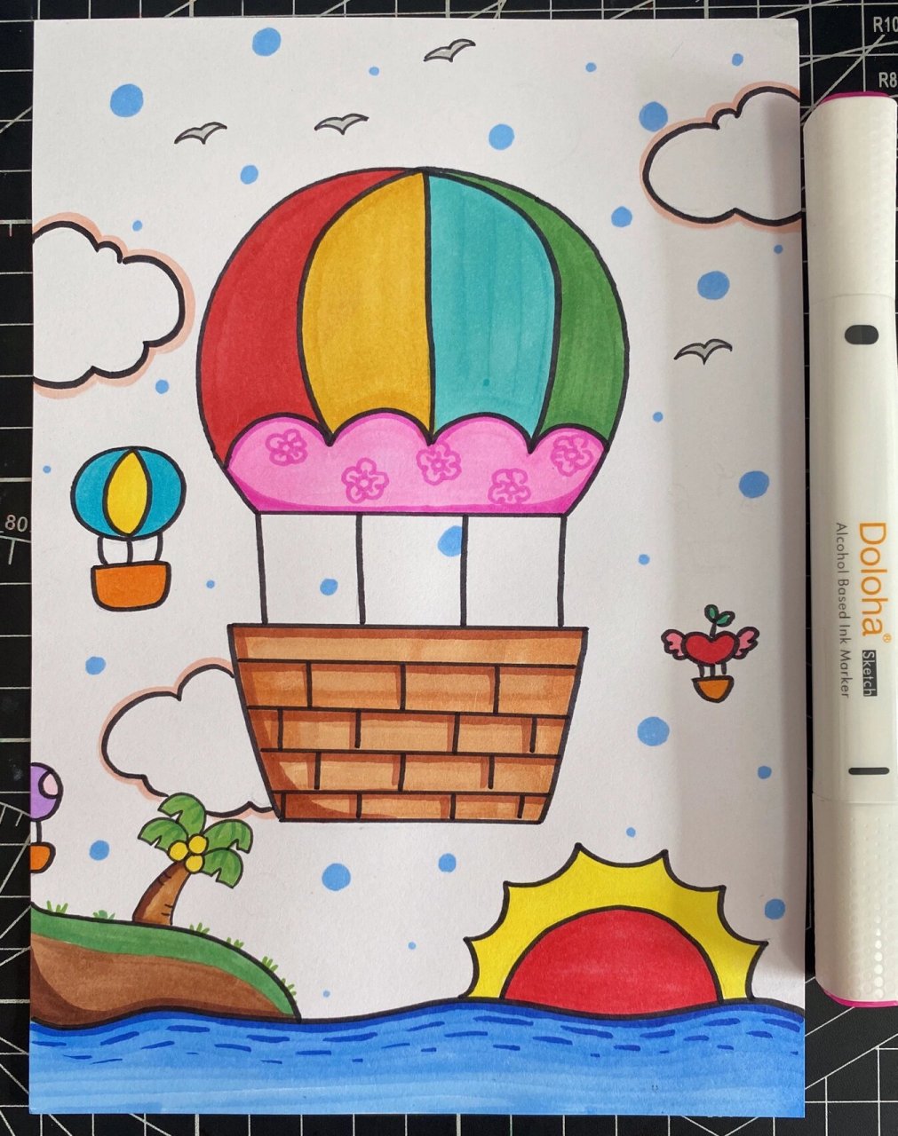 热气球的旅行 儿童创意画 带线稿 颜色:多乐绘马克笔