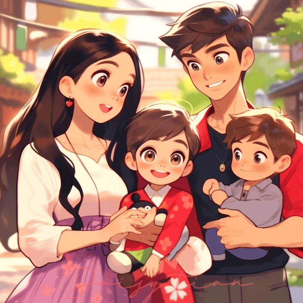 卡通版全家福一家四口