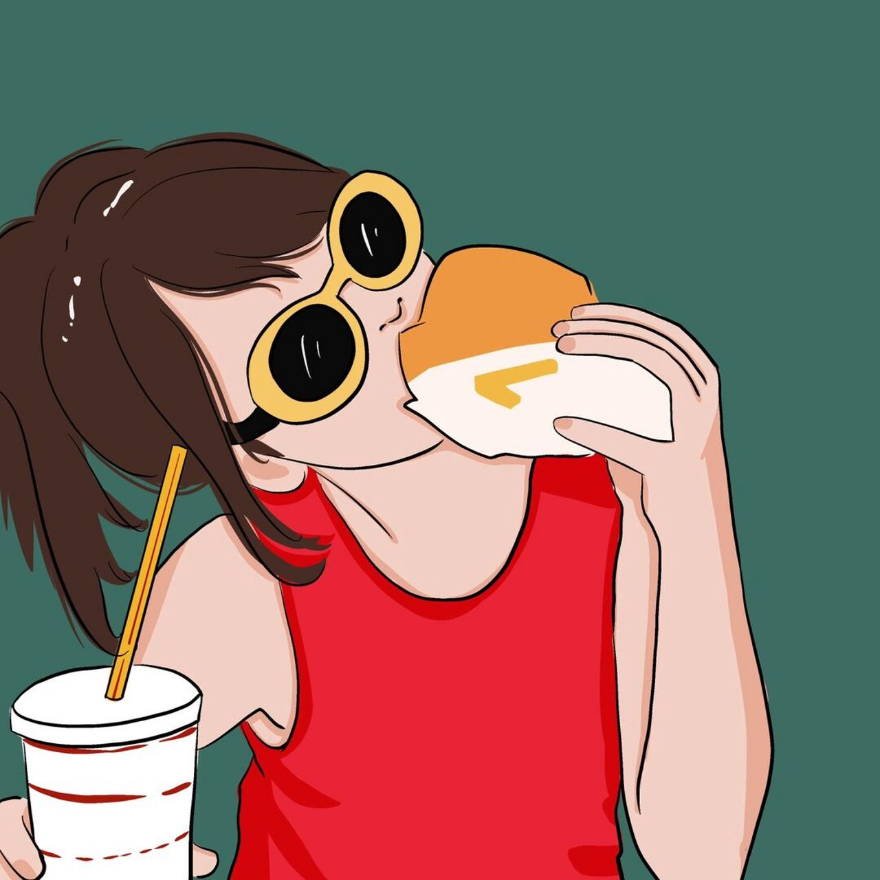插画 | 头像 | 吃汉堡喝可乐的小姑娘 图片可做个人头像,个人壁纸