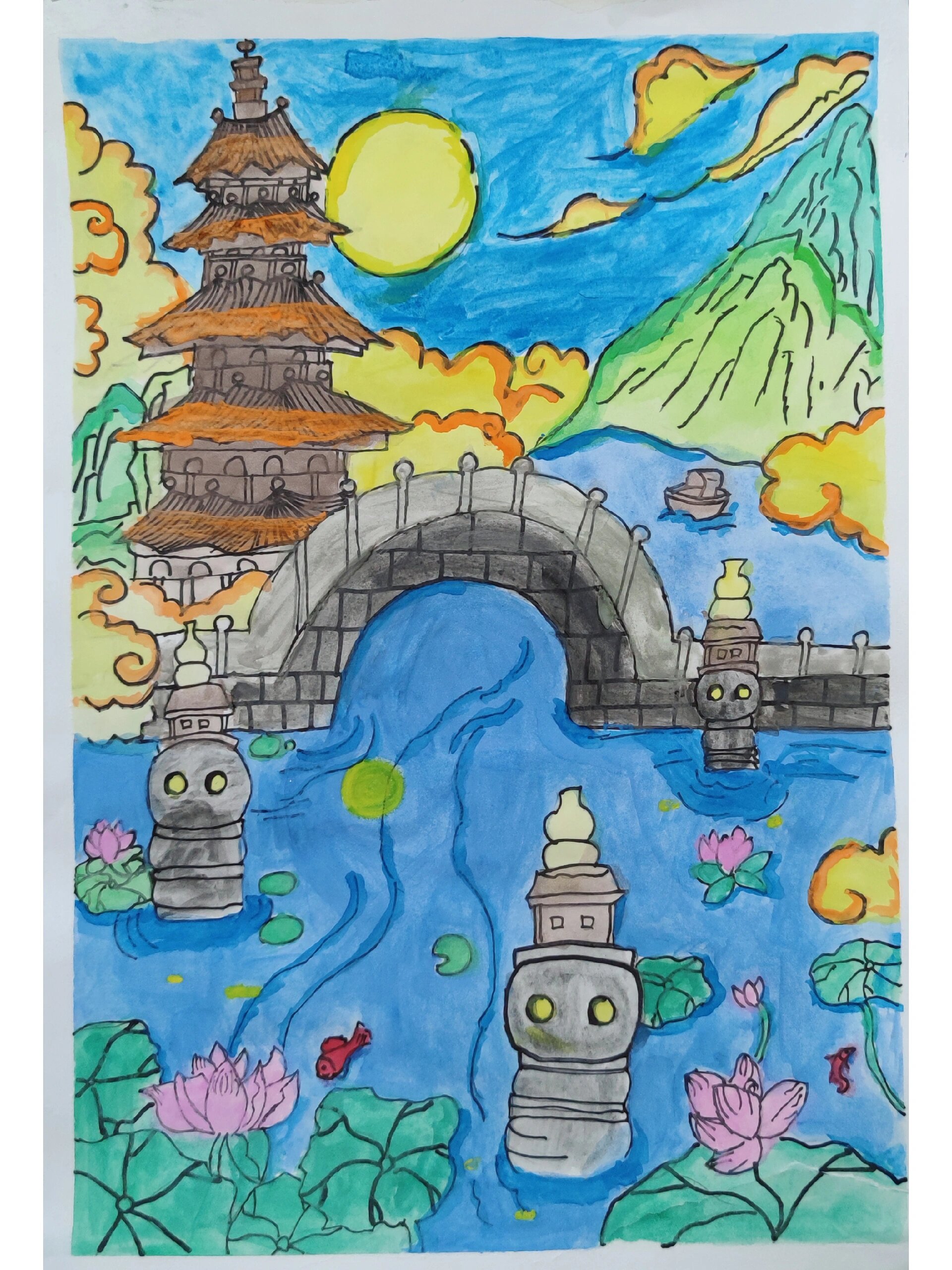 西湖美景,雷峰塔,三潭印月,临摹