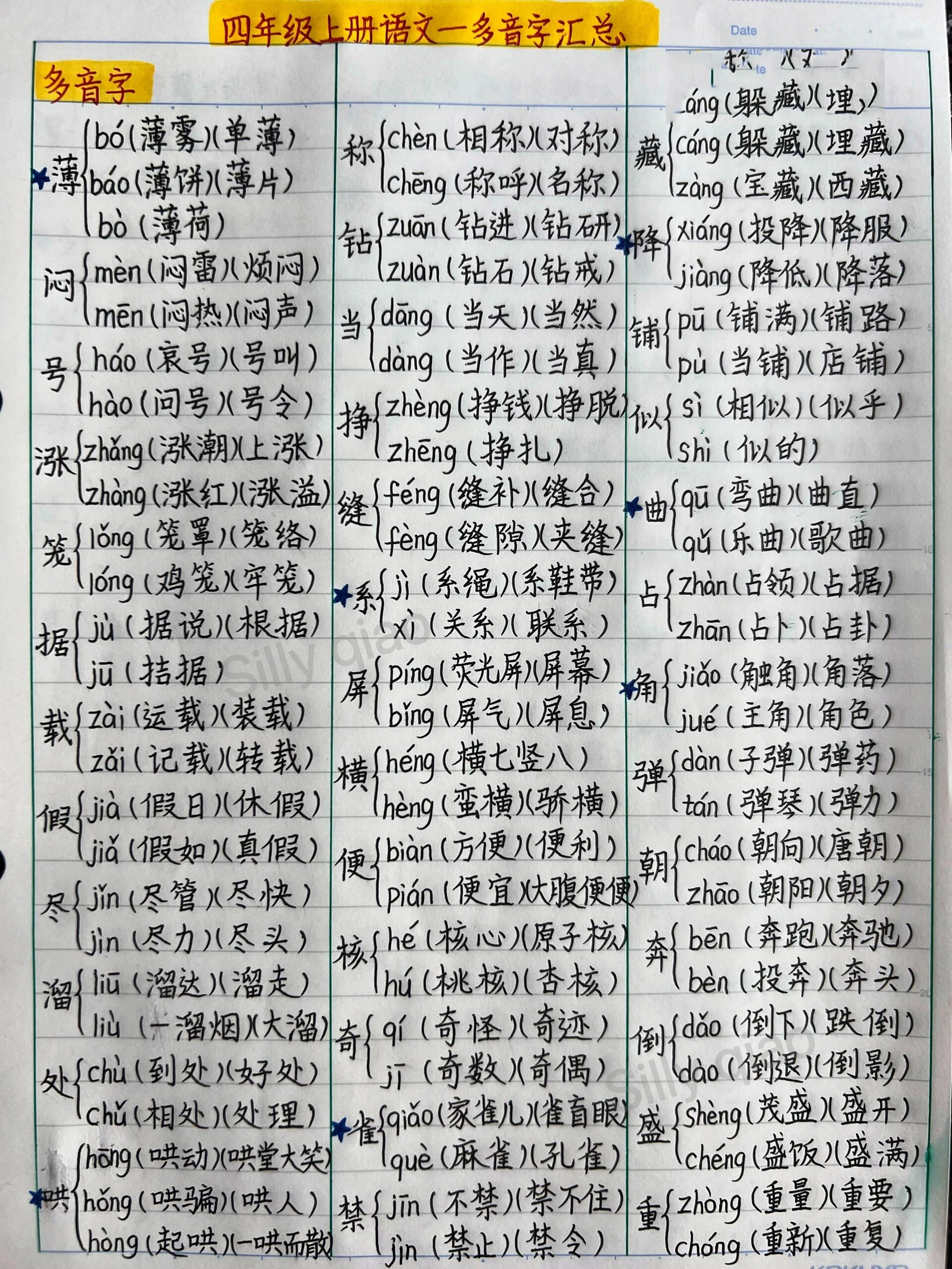 四年级上册语文——全册多音字详细汇总