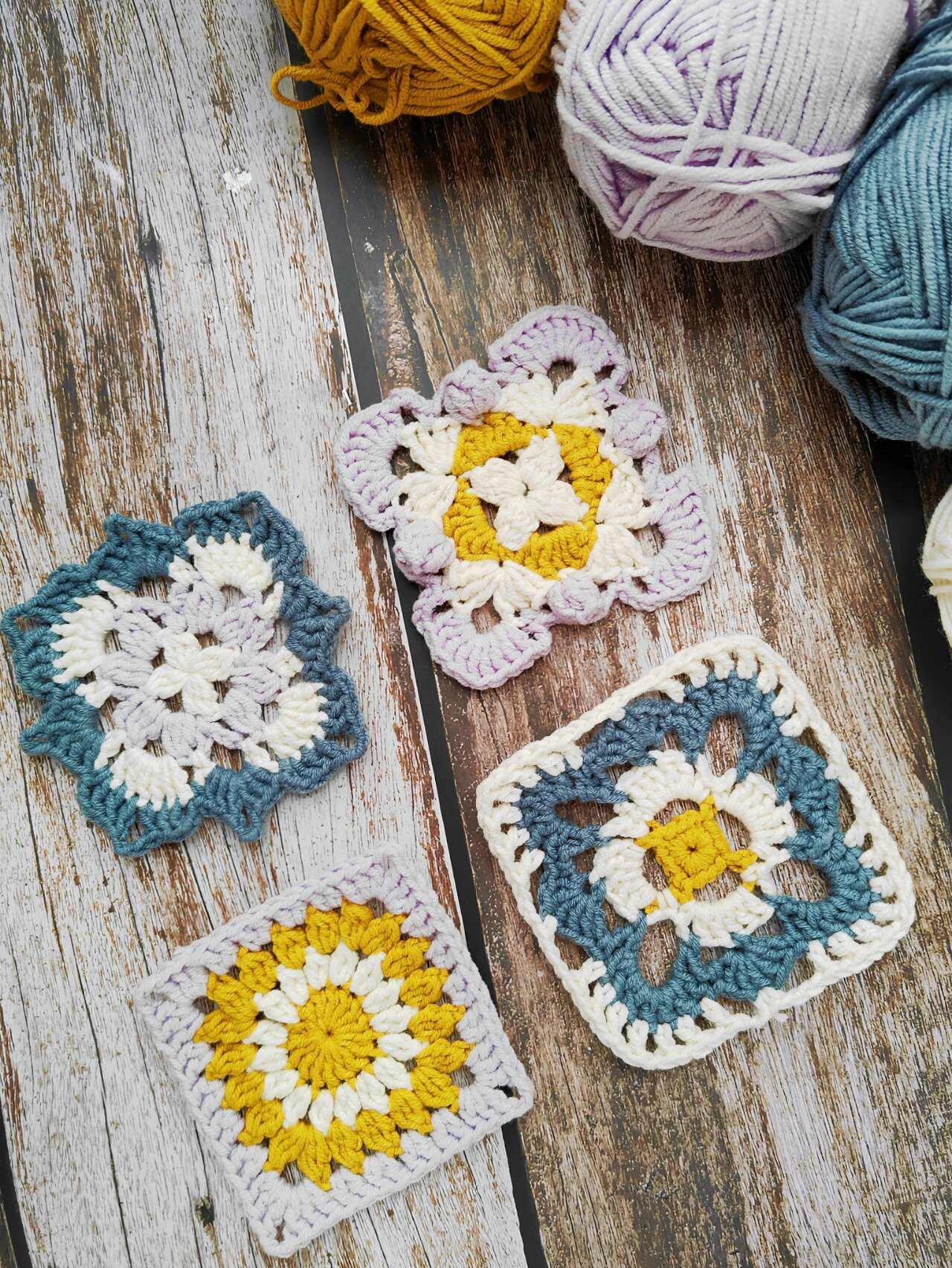 秋日淡雅配色|钩针编织单元花片94附图解 秋日淡雅素净四色混搭