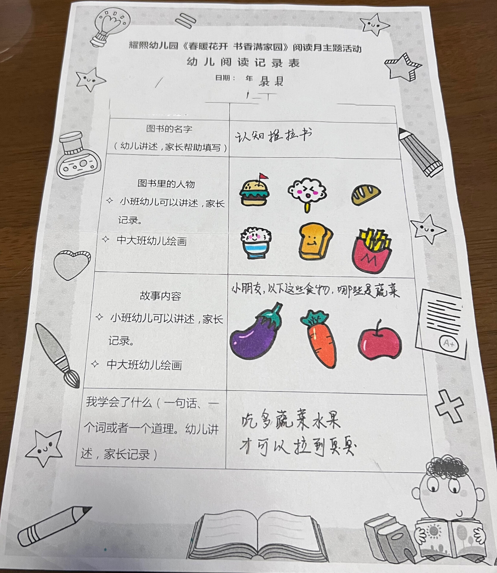 幼儿园作业系列之幼儿阅读记录表
