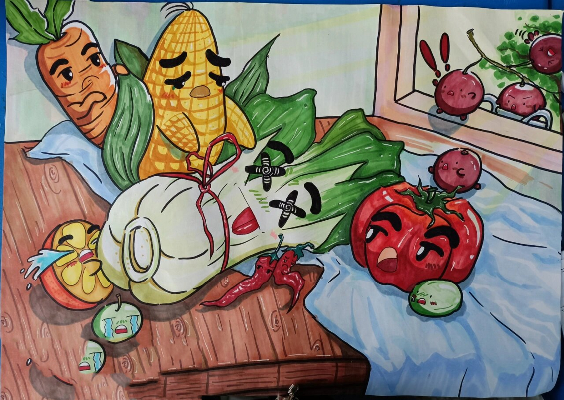 『原创』蔬菜水果创意画 又称"众蔬果吃席"是一副像色彩静物的儿童画