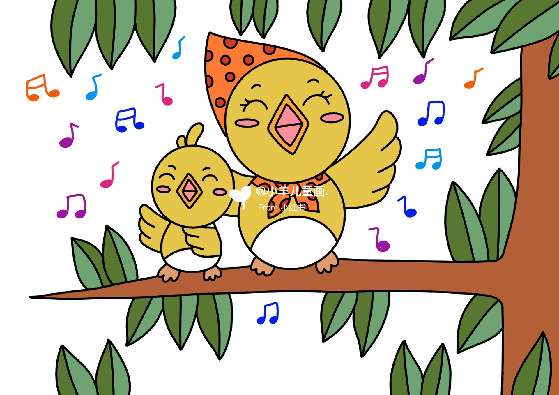 唱歌的小鸟儿童创意画 简单 带步骤 动物 带线稿