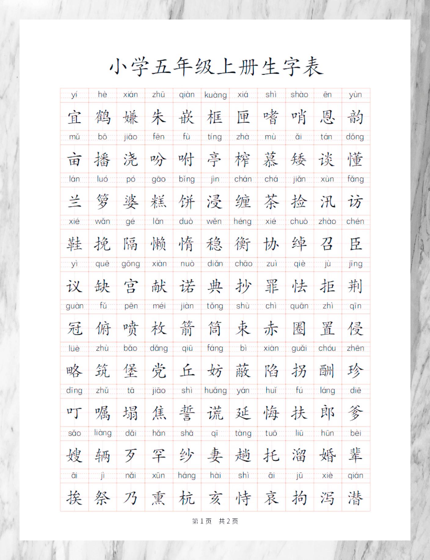 五上生字表 高清打印版 📚 五年级上册生字表来啦!