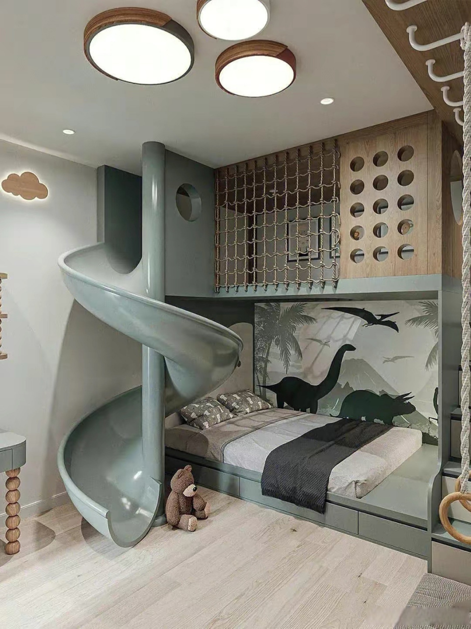 游乐场型双层床,滑梯功能的设计,大概率会把孩子们迷的不要不要的.