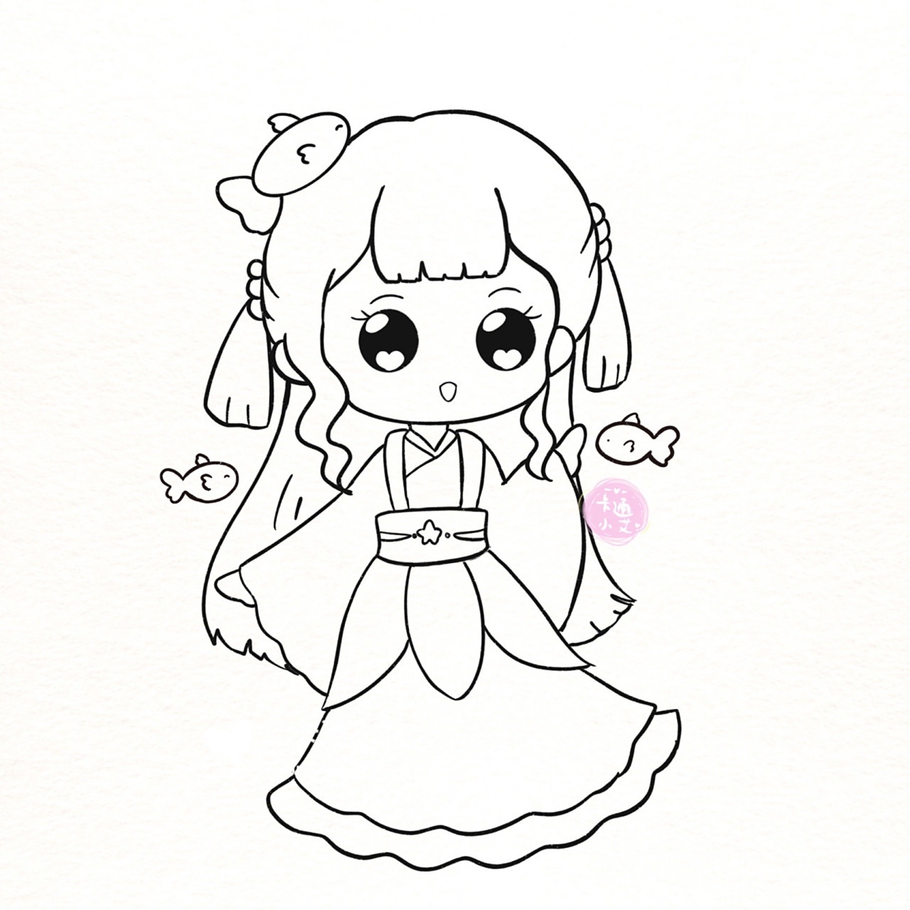 古风汉服星座公主画 超萌简笔画线稿图 巨蟹座 狮子座 天蝎座 双鱼座