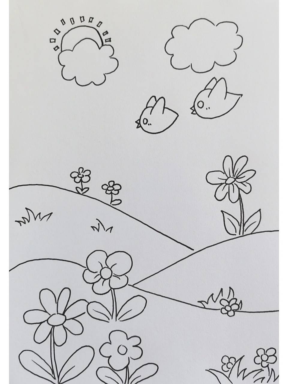 第9天 幼儿园小朋友春天主题画 简笔画 材料或工具:勾线笔,马克笔