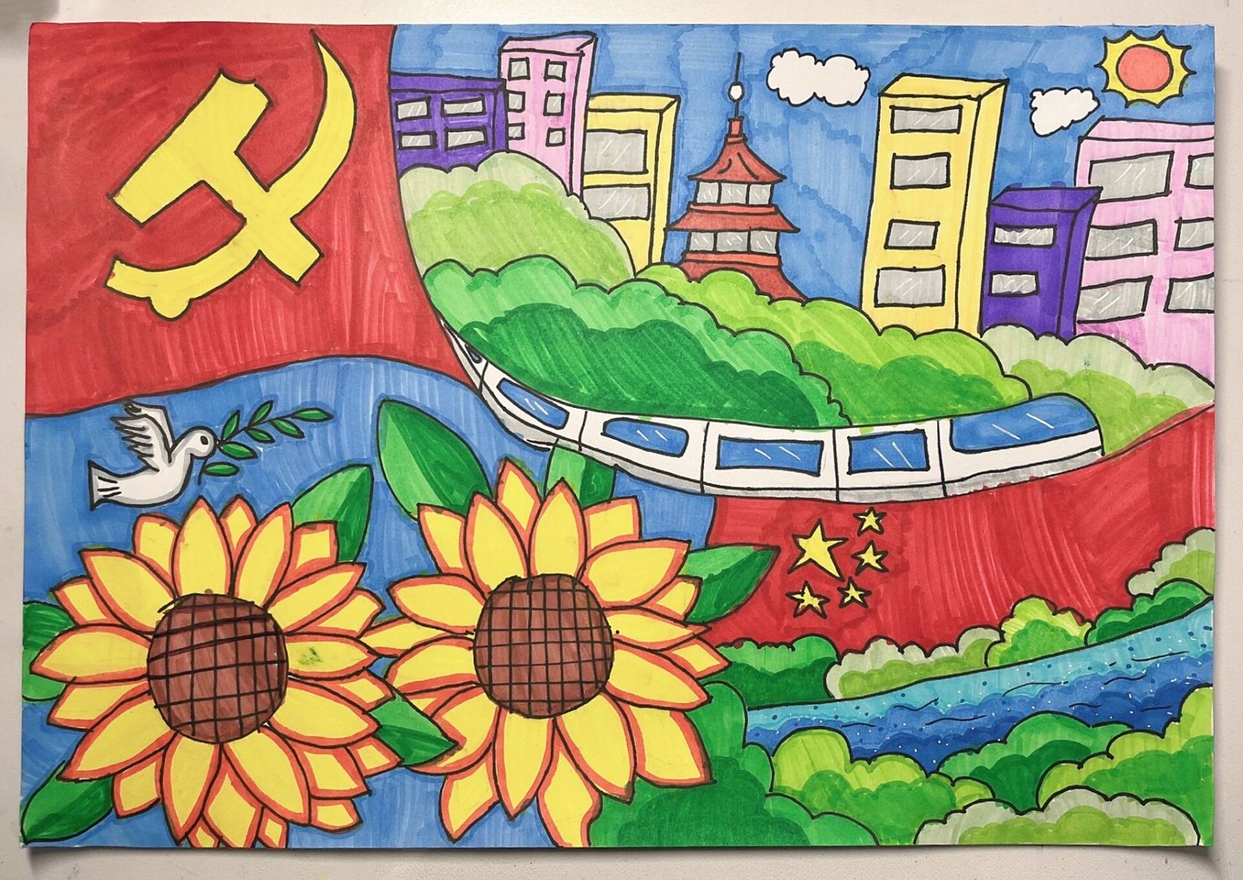 童心向党绘画 大班的小蓝莓,代表学校参加"童心向党"少儿绘画比赛