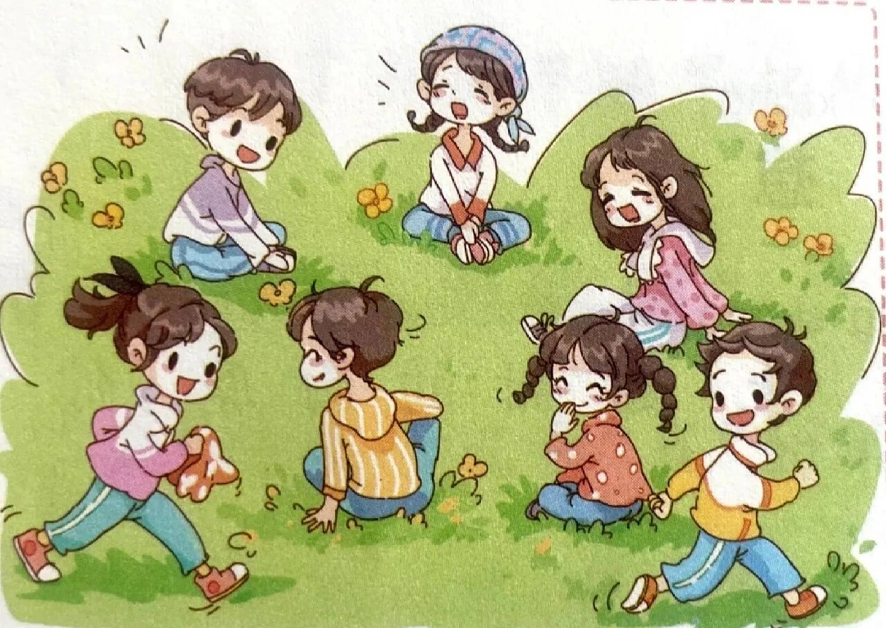 看图写话 丢手绢 今天早晨,阳光明媚,小朋友们来到草地上一起玩丢手绢