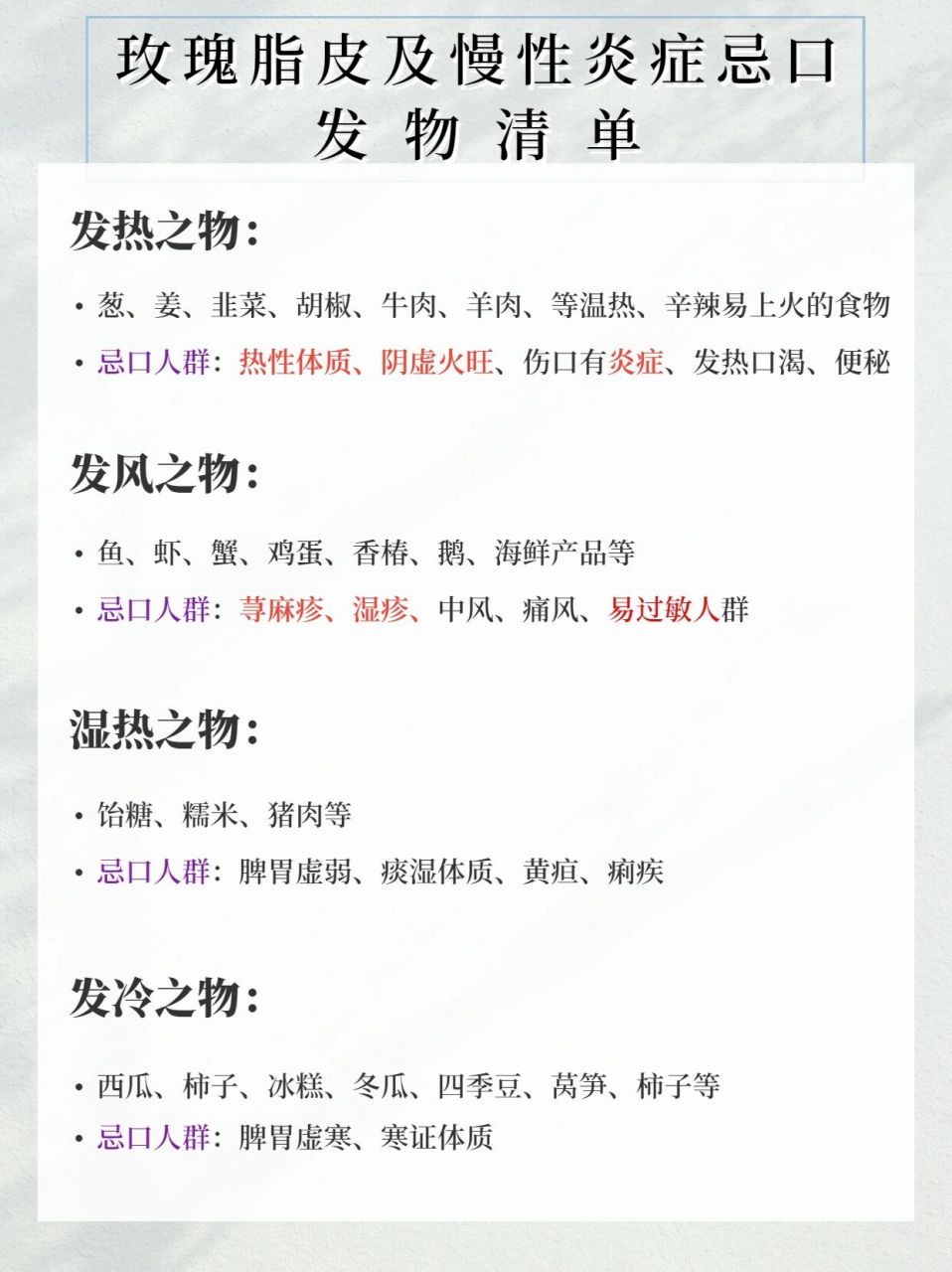 玫瑰,脂皮,湿疹皮炎忌口发物清单及等级表 重点关注群体已经给大家标