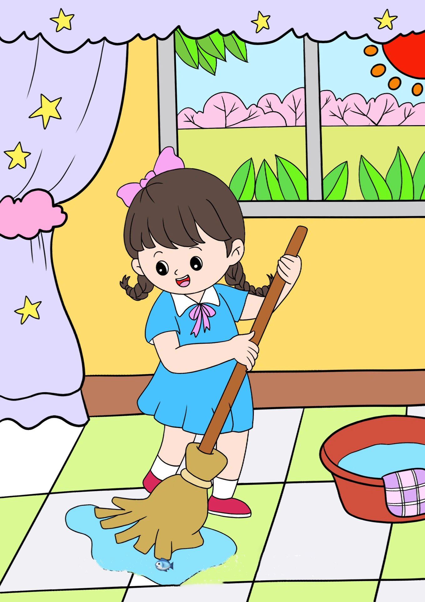 劳动节主题画 五一儿童画 做家务勤劳节日画