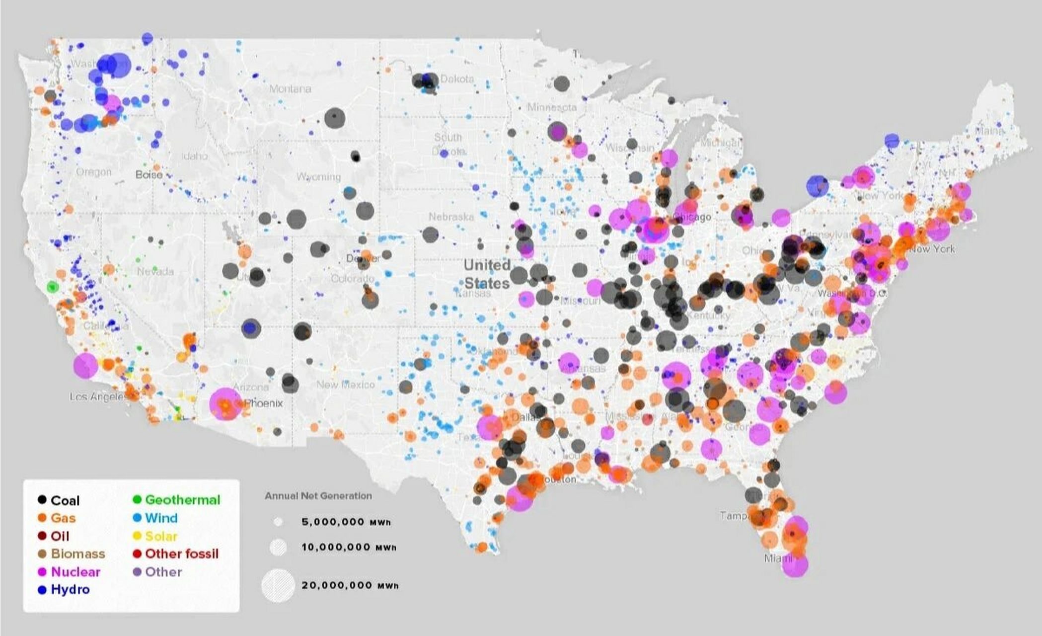 美国各类发电站分布 美国的核电站比我想象中的多啊～ 2019年数据