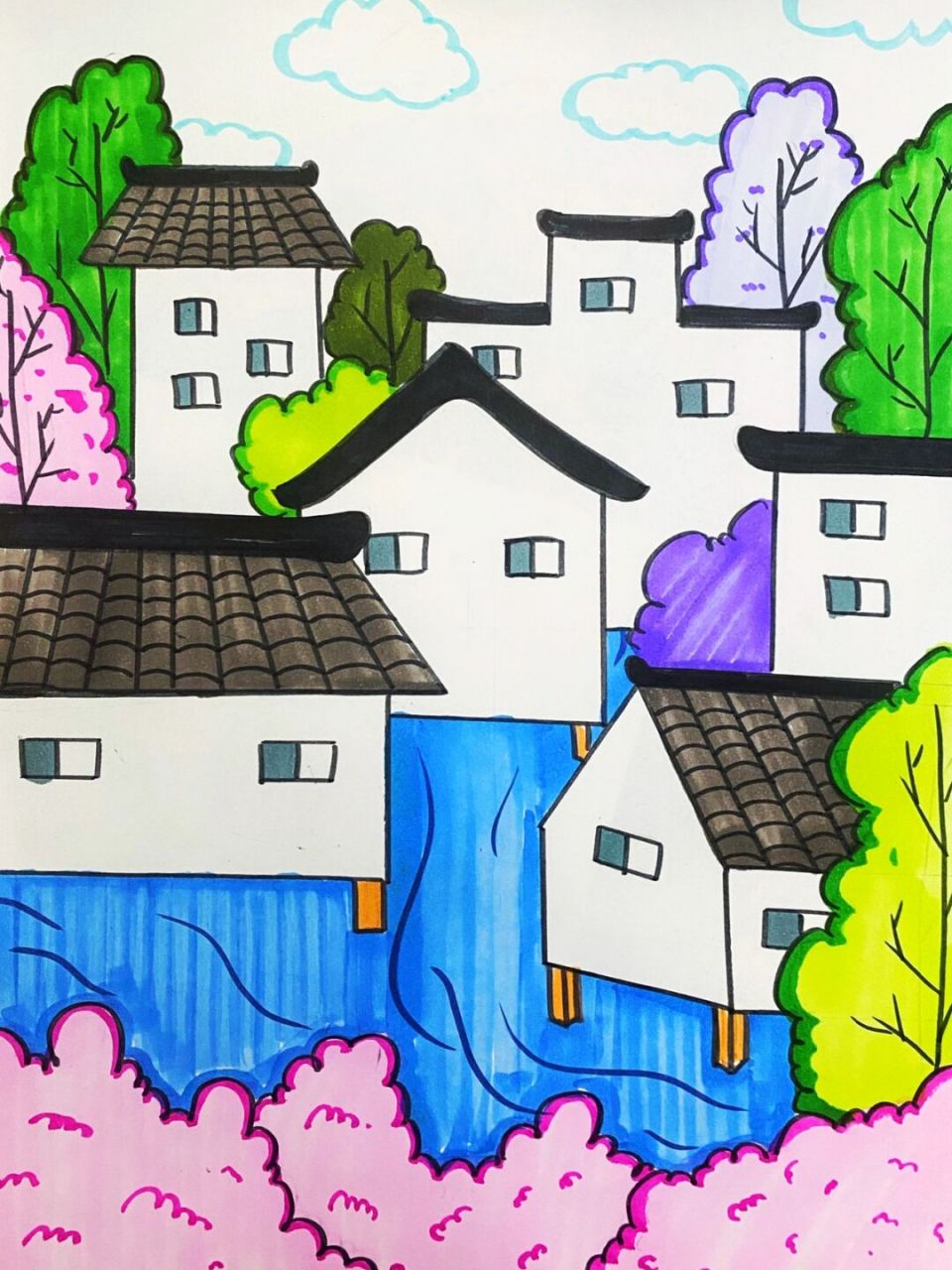 江南水乡儿童画 #卡通画# #马克笔# #儿童画# #江南水乡创意画