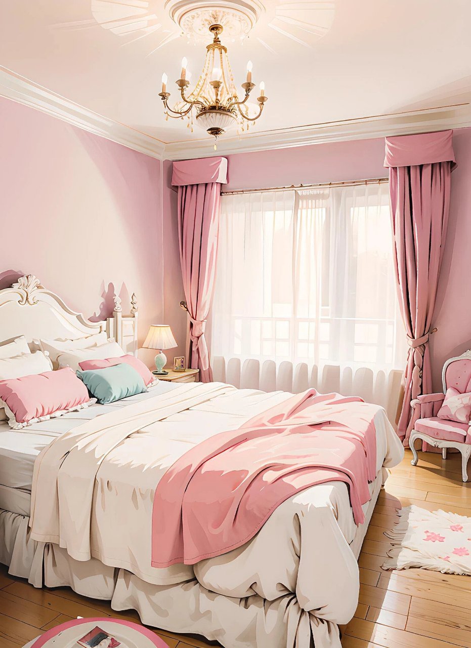 这次使用了更浅的粉色,房间也从单一的卧室尝试了一小下客厅.