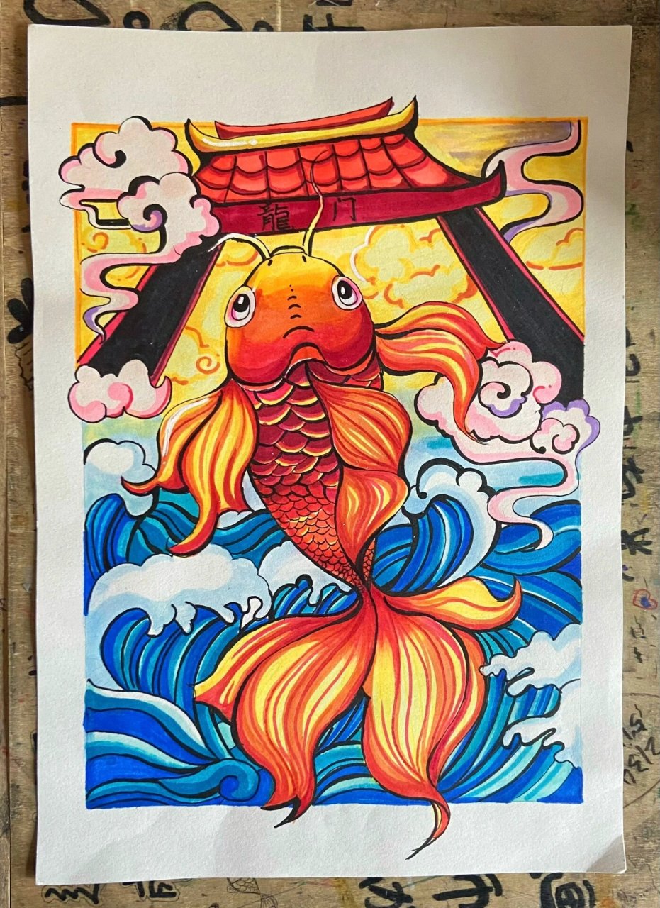 鲤鱼跃龙门[害羞] #儿童画# ##小鲤鱼跳龙门# #每日一画画