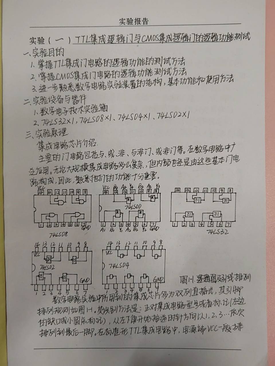 数电实验报告1记录 92ttl集成逻辑门与cmos集成逻辑门的逻辑功能