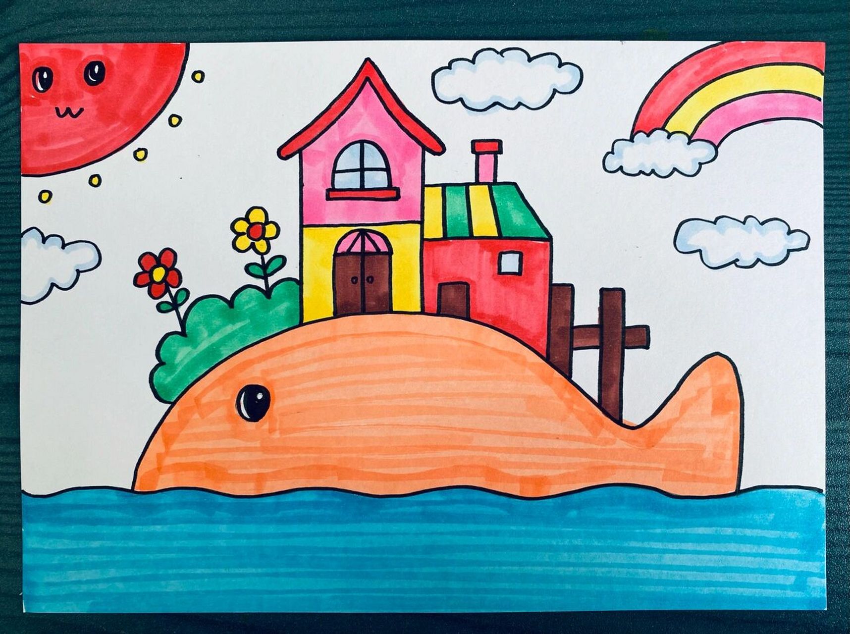 房子儿童卡通画 鲸鱼儿童画 鲸鱼房子创意画 笔:多乐绘马克笔 适合4-8
