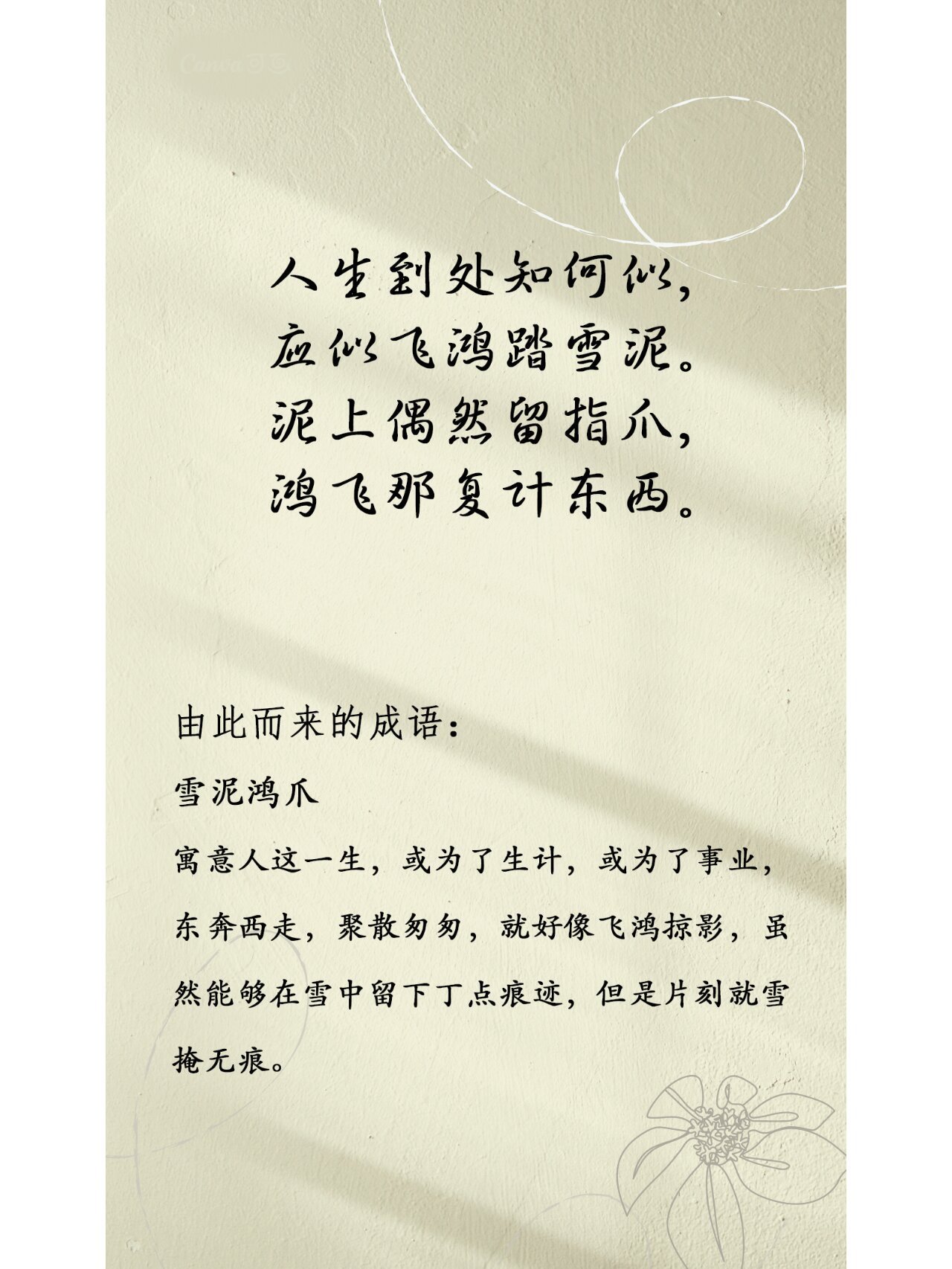 人生到处知何似,应似飞鸿踏雪泥. 苏轼