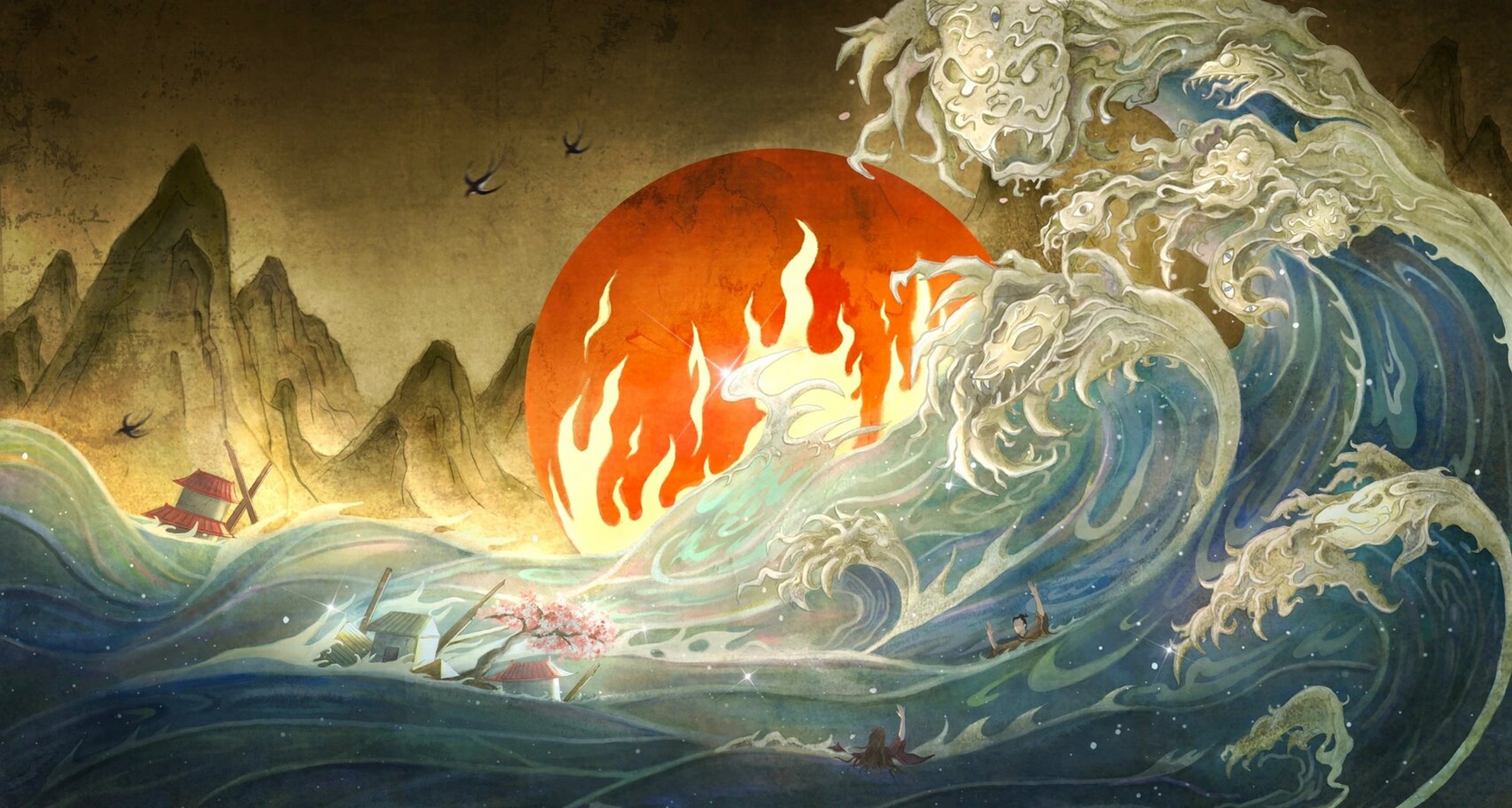 《禹域神迹》系列插画其一《水患》 这张的故事来源是上古时期大洪水