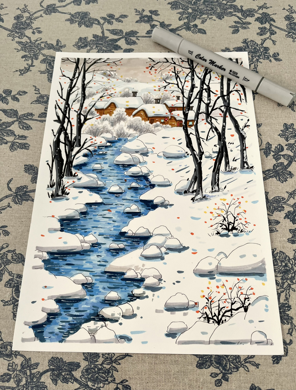 马克笔主题画『冬日赞歌』      带你回忆儿时冬天景色 国风系列网课