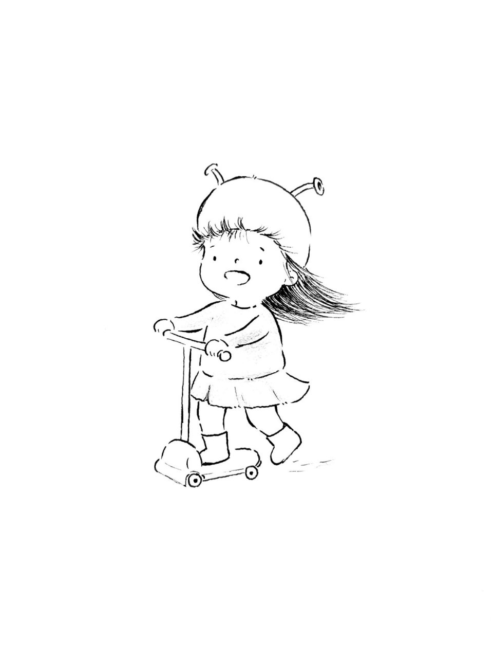 儿童插画|手绘滑板车女孩|简笔画