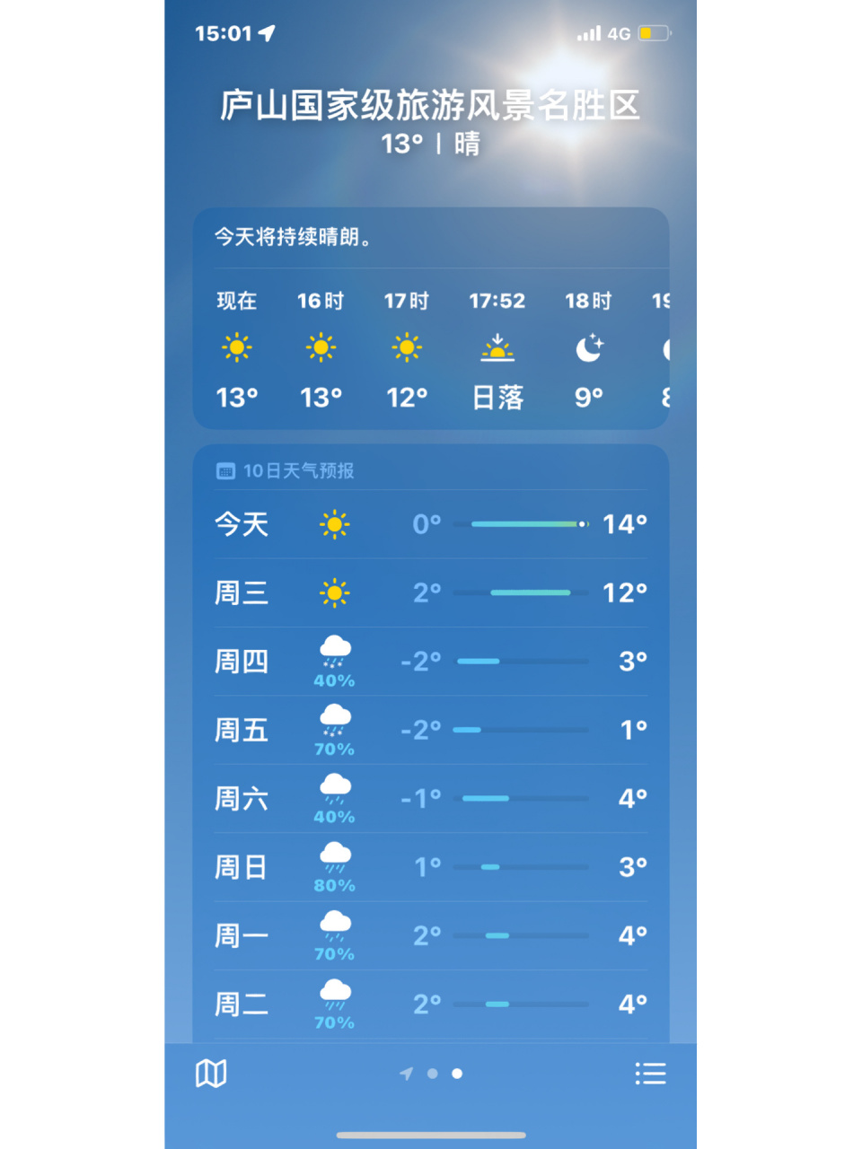 庐山天气 更新了今天的iphone天气 还是雨夹雪 球球你不要再变咯