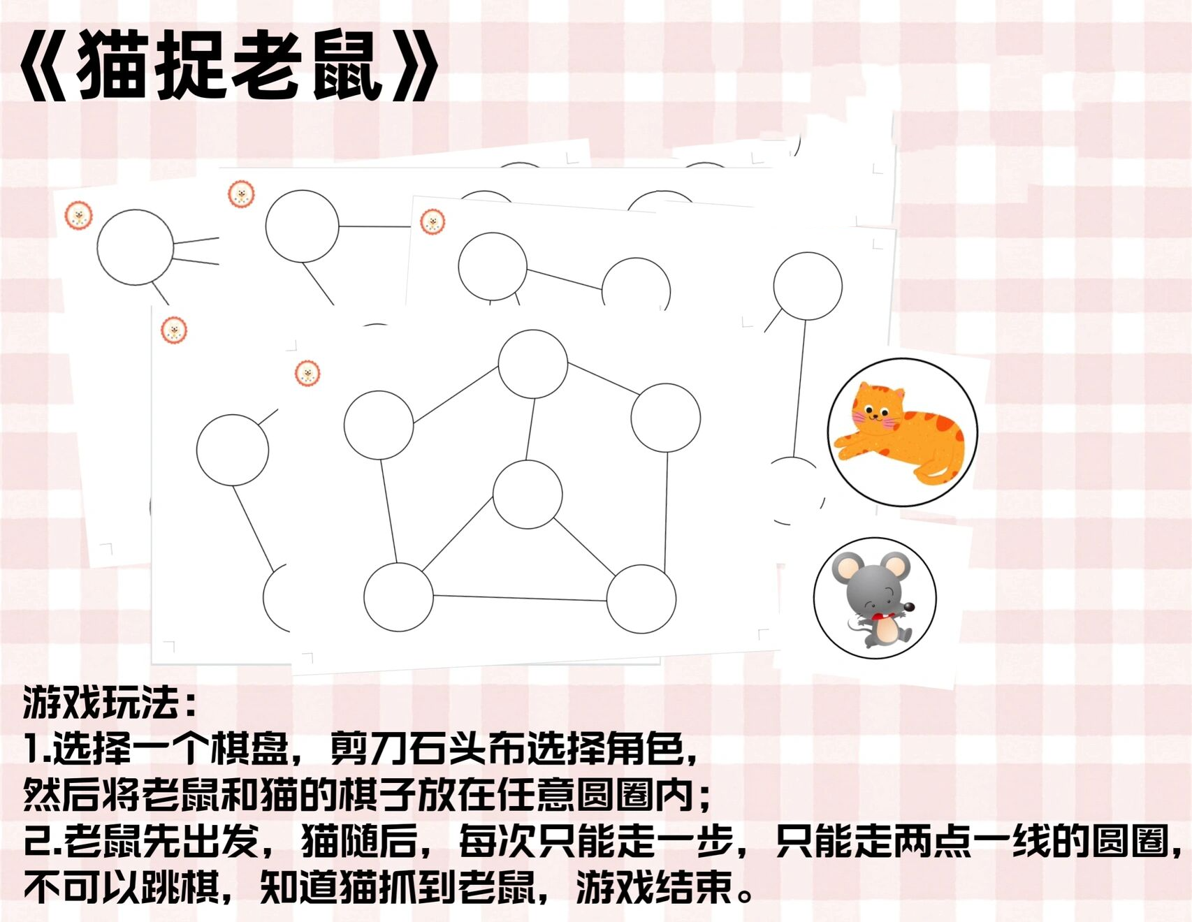 选择一个棋盘,剪刀石头布选择角色, 然后将老鼠和猫的棋子放在任意