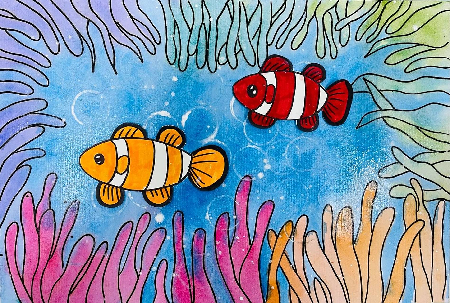 小丑鱼儿童画～水彩 课题名称～小丑鱼 适合大班的小朋友 学习目标