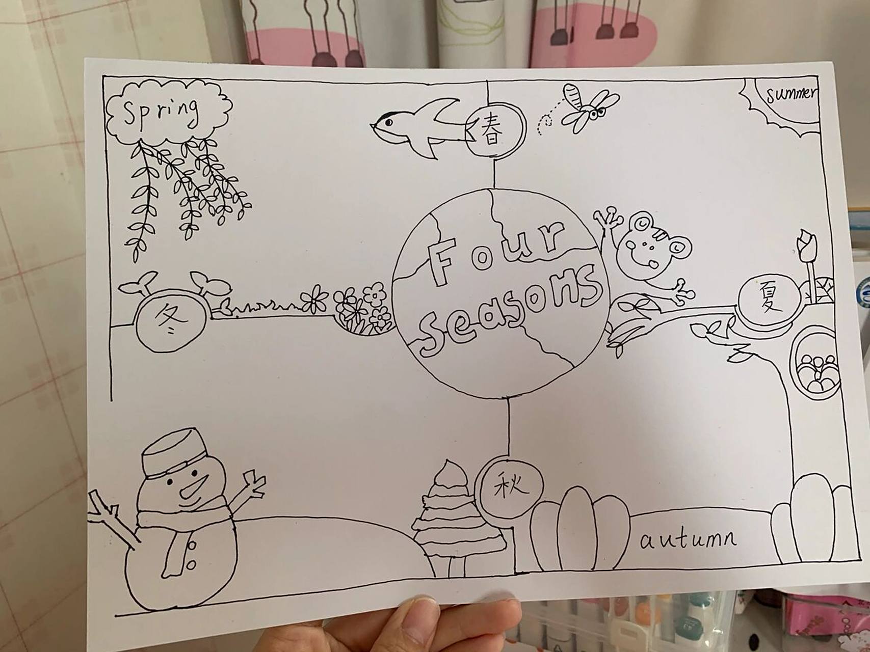 英语手抄报四季春夏秋冬主题线稿简笔画 临摹于