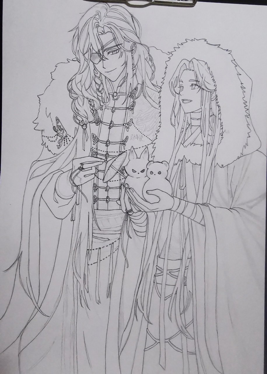 天官花城谢怜双人图过程2 昨天终于把线稿画完了,成图估计要下周周末