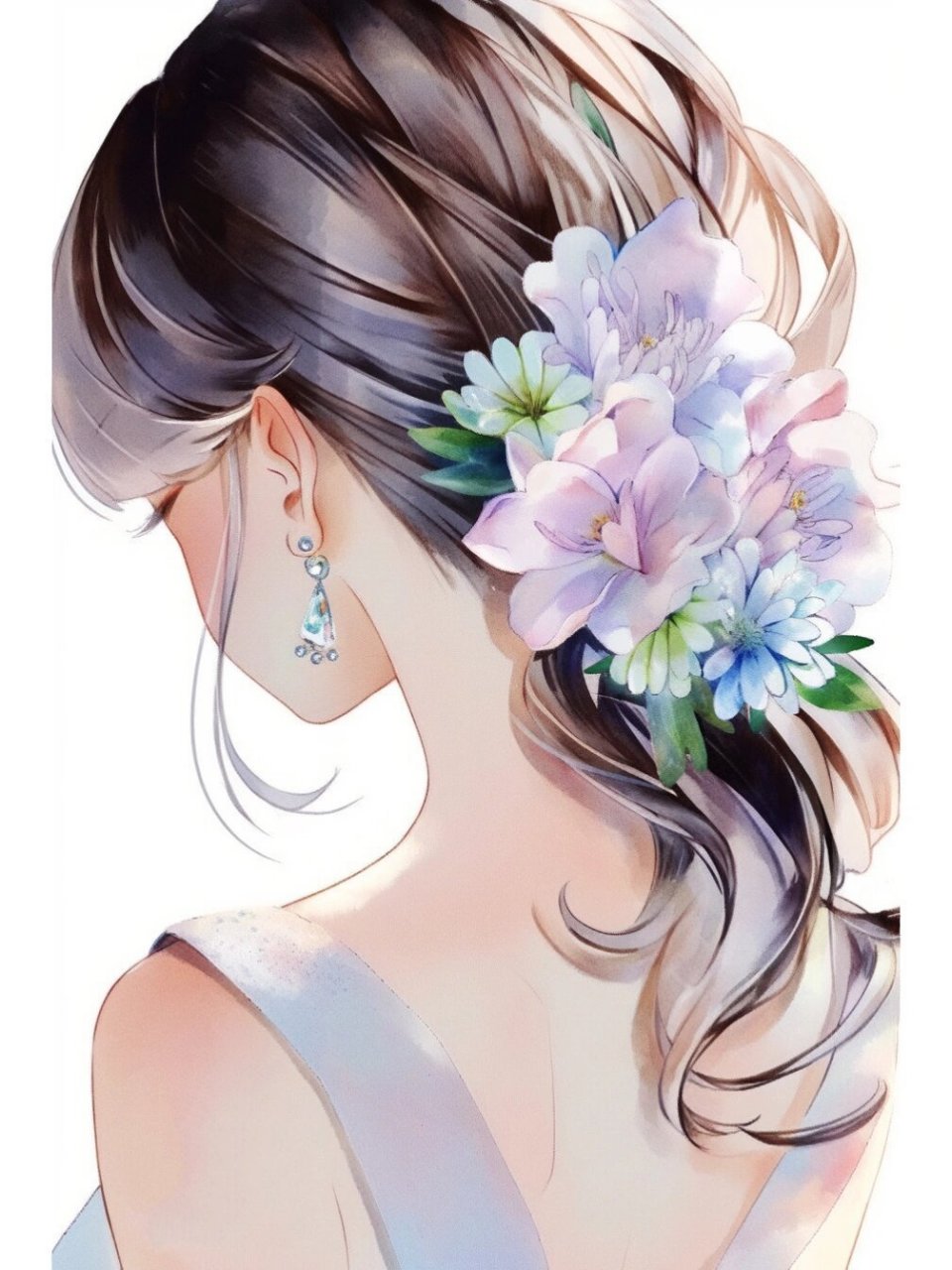 背影 盘起发髻,戴上花朵与珍珠,温婉动人✨ 	 niji v5 s25 跑的水彩