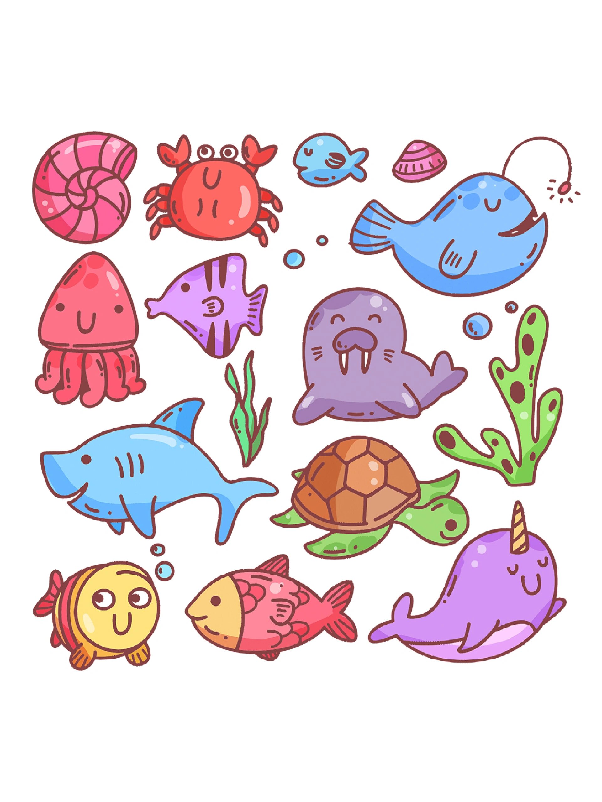 🌈今日给大家分享的是一组可爱的卡通手绘海洋动物免扣素材