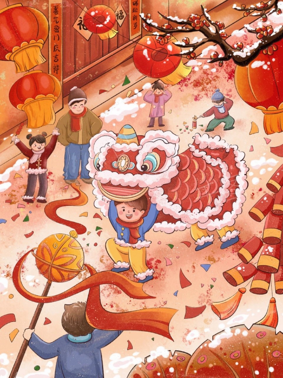 手绘新年插画|舞狮