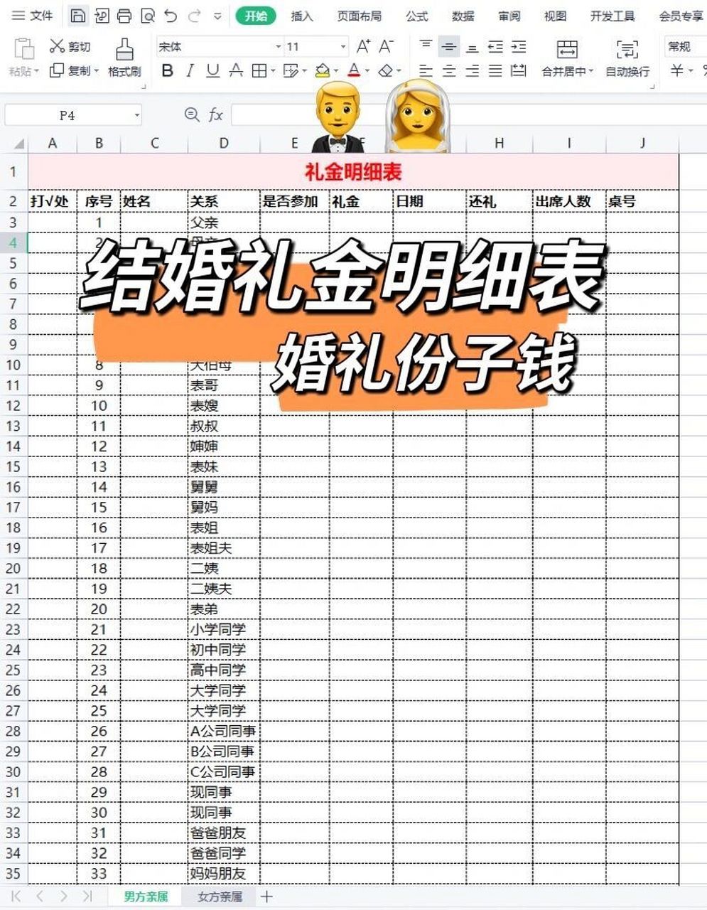 结婚礼金明细表,婚礼份子钱两张表帮你统计 05婚礼上亲友给的份子钱