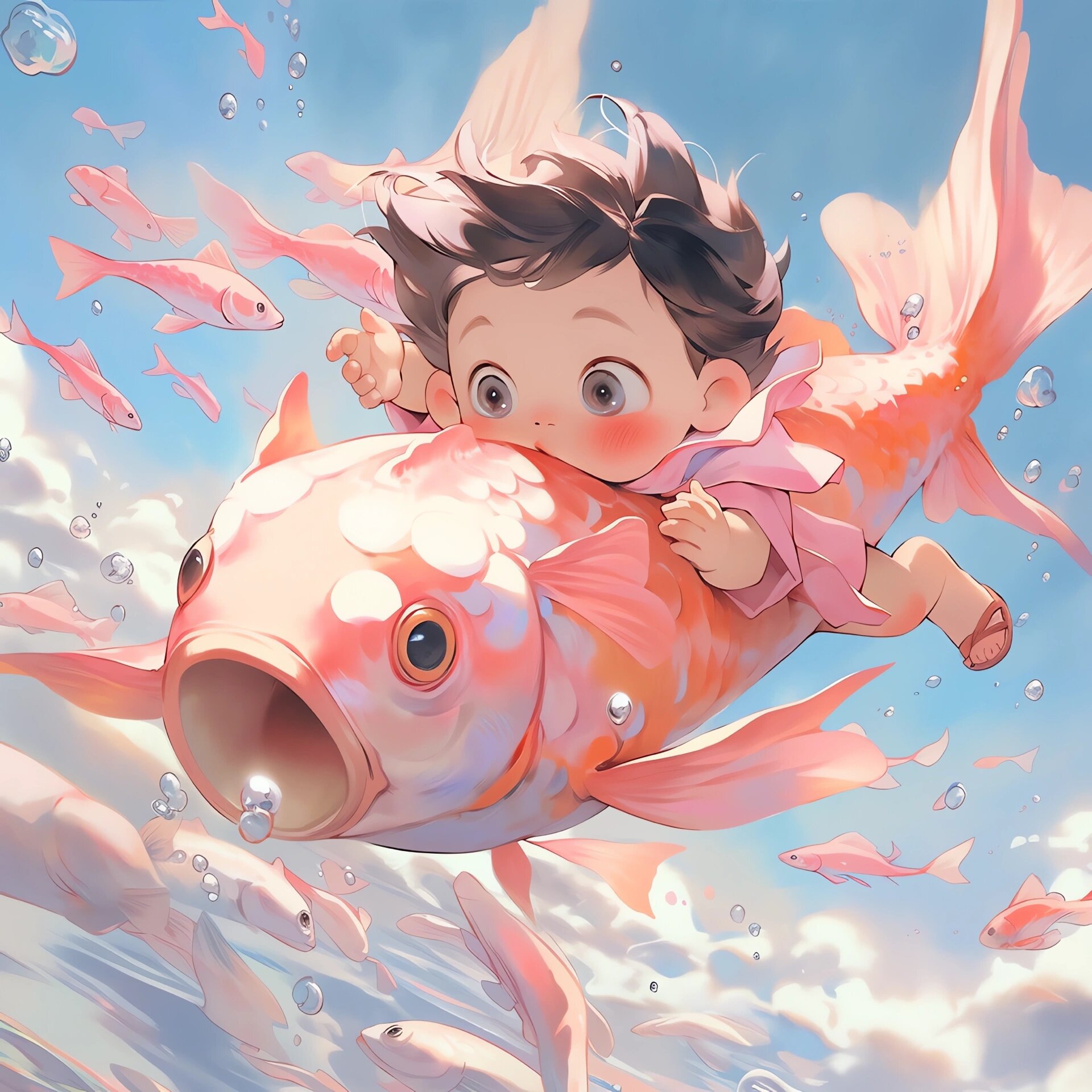 描述: a blue little boy flying over a fish 一个小男孩飞过一条鱼