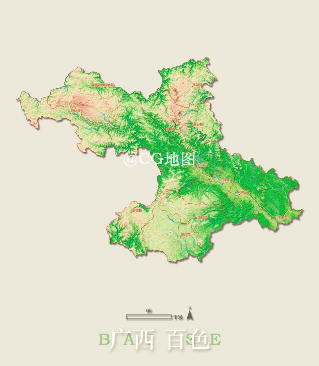 广西 百色市 3d渲染山脉地形地图 百色市,广西壮族自治区辖地级市
