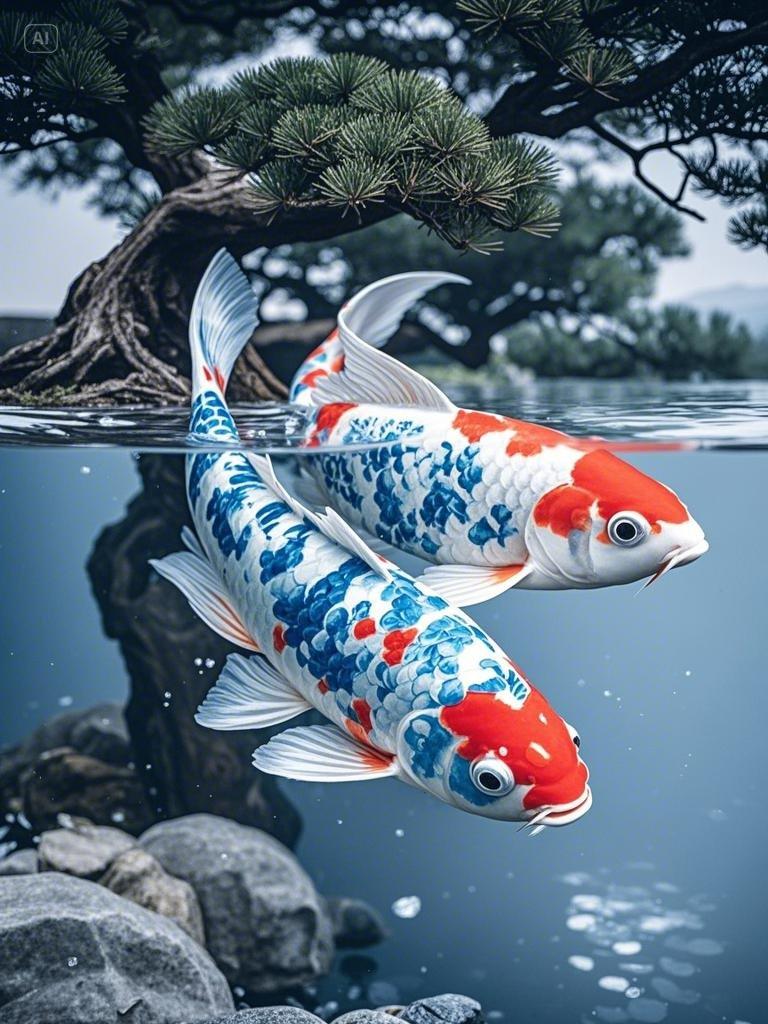 一条锦鲤鱼,,身上饰有青花花卉图案,酷似清代瓷器,写实,极其细致,在水