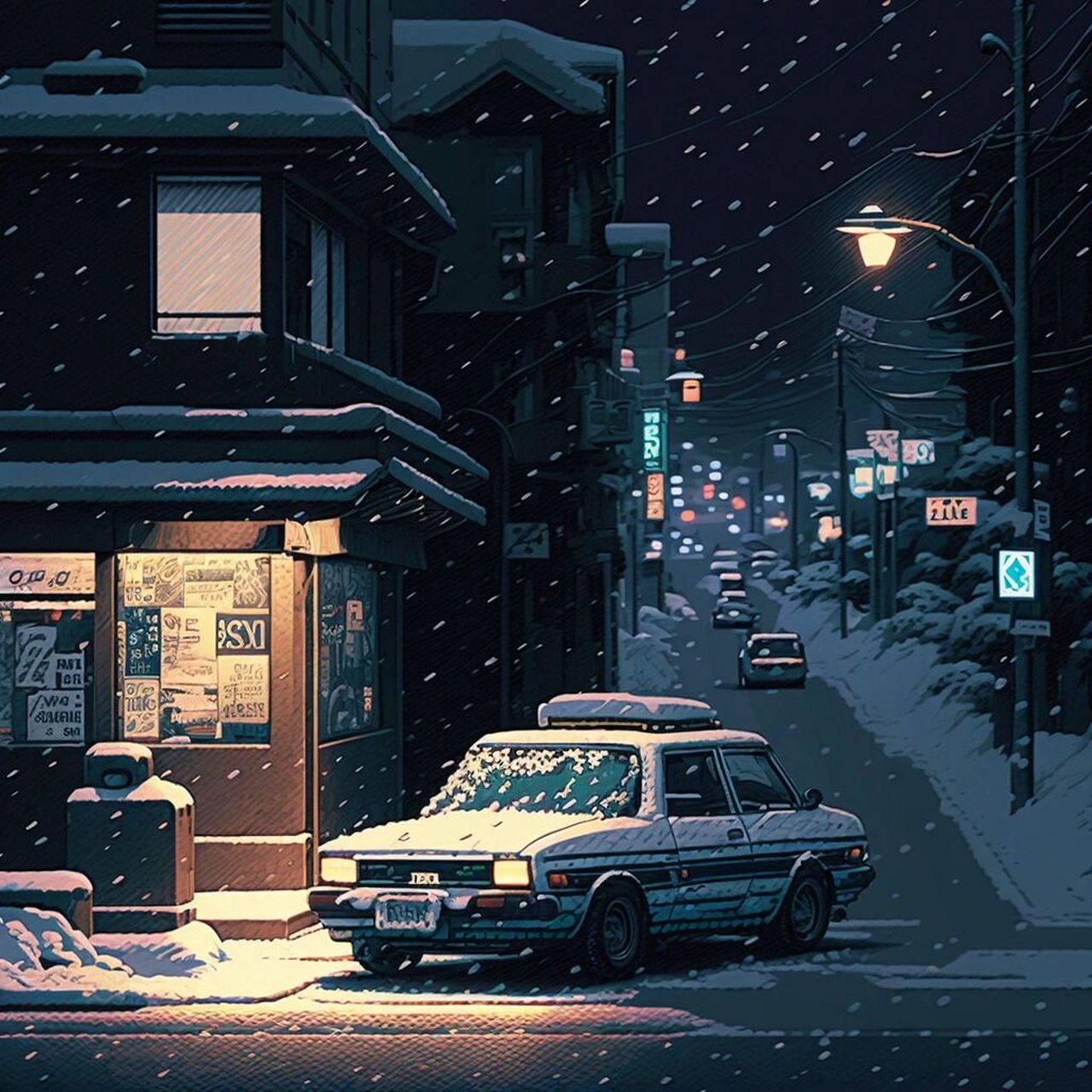 下着雪的日本东京街头,怀旧风壁纸,像素风
