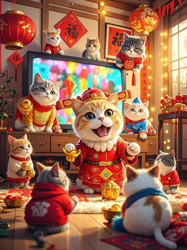 一群拟人化的猫咪围坐在客厅里面看电视,它们是一家人,有的穿着财神爷