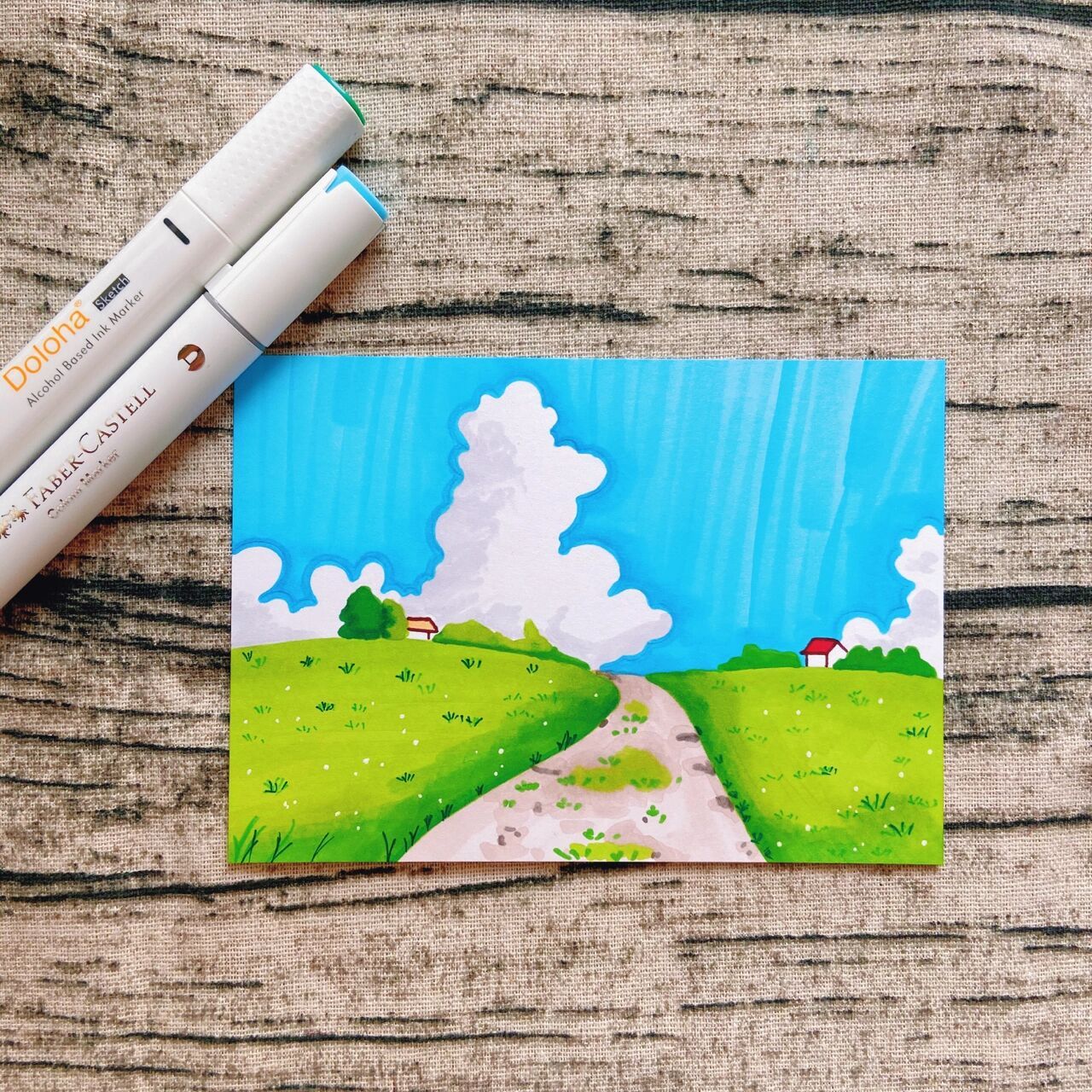 马克笔手绘  夏天风景 乡村小路 夏天的风 正暖暖吹过95 穿过头发