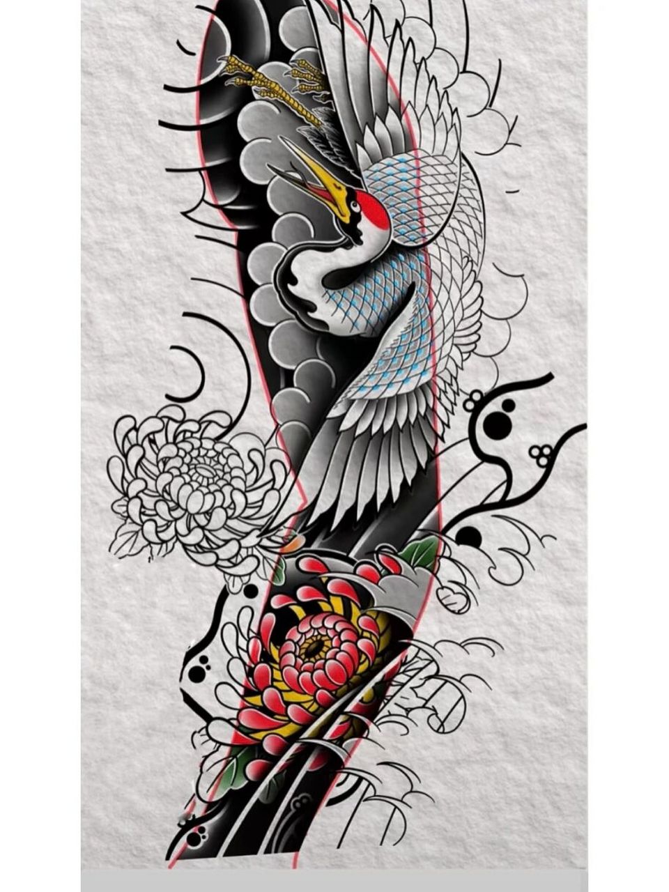 仙鹤纹身花臂手稿图片